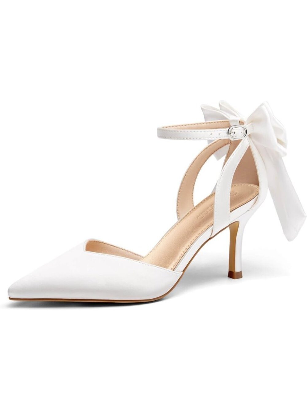 Women's White Closed Pointed Toe Pumps Bow Ankle Strap Kitten Wedding Heels Shoe